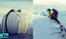 A split screen shows Ocean-2's spherical top emerging from the water surface (left), and a close-up image of an engineer working on top of the converter.