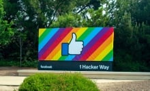 The Facebook HQ sign in Pride colors.