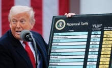 President Trump Holds a poster showing tariff rates during the 'Make America Wealthy Again Event' at White House Rose Garden