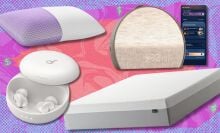 a purple harmony pillow, anker soundcore sleep A30 earbuds, hatch restore 3 alarm clock, and zinus mattress on a coral and purple colored background