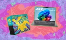 Pokémon cards and Acer laptop on gradient background