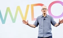 Apple CEO Tim Cook in front of the letters WWDC in different colors