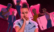 disgruntled woman with dating apps on phone in the background