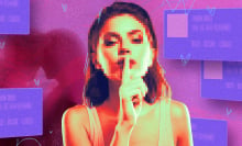 a pixelated woman with her finger to her lips