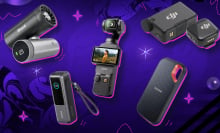 five tech products on pink and purple background with stars
