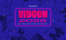 the VidCon 2026 logo in pink on a purple background