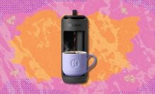 keurig k-mini mate coffee maker against a pink and orange patterned background