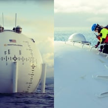 A split screen shows Ocean-2's spherical top emerging from the water surface (left), and a close-up image of an engineer working on top of the converter.