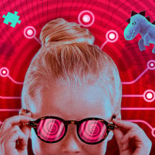 Girl wearing sunglasses with toys and circuits illustrated behind her head.
