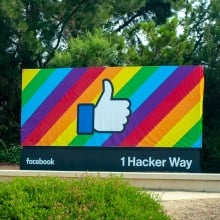 The Facebook HQ sign in Pride colors.