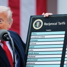 President Trump Holds a poster showing tariff rates during the 'Make America Wealthy Again Event' at White House Rose Garden