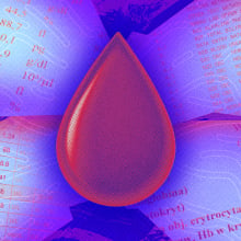 An illustrated drop of blood against lab results text.