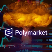 A collage shows a prediction market screen, an image of a detonated nuclear bomb, and Polymarket's logo