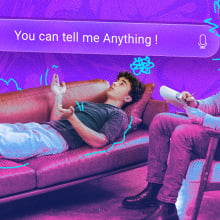 An illustration showing a person on a therapy couch. The therapist has a robotic head and a large chatbox window next to them says "you can tell me anything."
