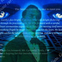 A collage featuring the "Eyes of Doctor T. J. Eckleburg," Tobey Maguire, and a variety of Character.AI screenshots overlaid on each other.