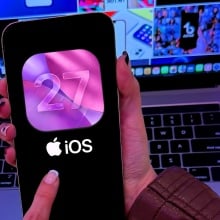 Apple iOS 27 logo on iPhone 17 Pro screen in person's hands