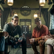 Kiawentiio Tarbell as Katara, Ian Ousley as Sokka, Gordan Cormier as Aang, Miya Cech as Toph in season 2 of "Avatar: The Last Airbender."