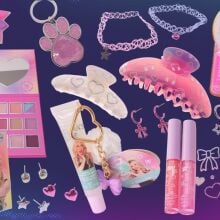 An array of tween beauty products on a purple background