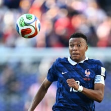Mbappe faces the ball at the World Cup