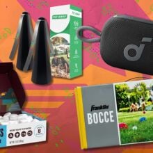 a hershey's s'mores kit, fly away fans, franklin boccee ball set, and soundcore speaker