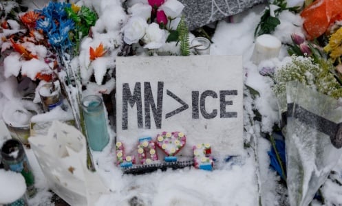 A sign reading "MN > ICE", surrounded by snow-covered flowers.