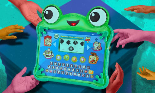 Toy Story 5 Explore & Learn Lilypad appears surrounded by children's hands reaching for the tablet.