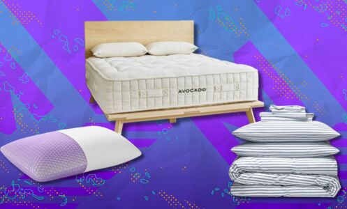 a purple pillow, avocado mattress, and stack of brooklinen sheets on a purple and blue background