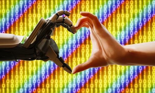 Robot and human hand form heart shape, with binary numbers and rainbow colours in background