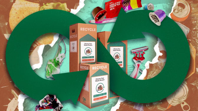 Collage featuring TerraCycle cardboard drop-off boxes, razors, coffee maker pods, and more plastic waste swirling around green arrows