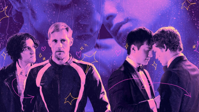 From left to right, Colin (Harry Melling) and Ray (Alexander Skarsgård) and Shane (Hudson Williams) and Ilya (Connor Storrie).