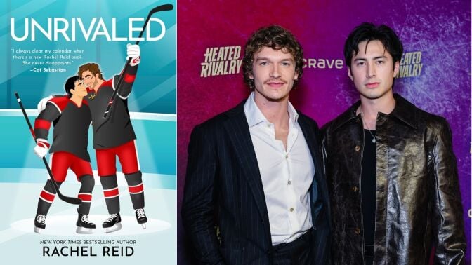 A side-by-side photo of a book cover and two actors posing on a red carpet
