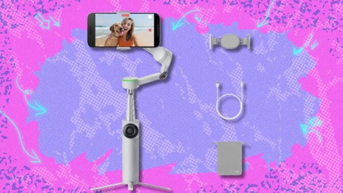 the Insta360 Flow 2 Pro with accessories on a pink and purple background