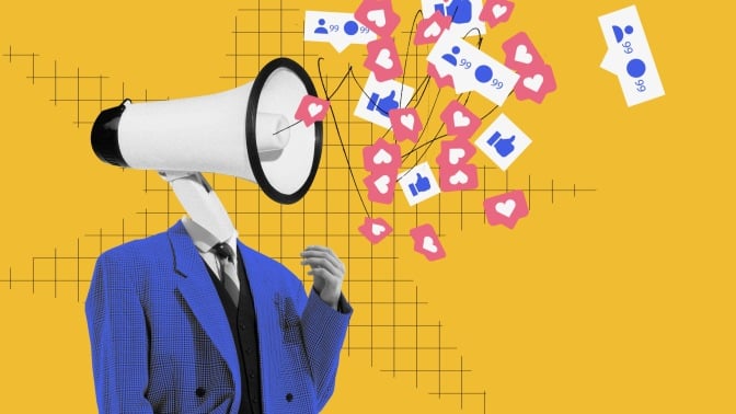 illustration of Megaphone-headed figure with social media icons and likes