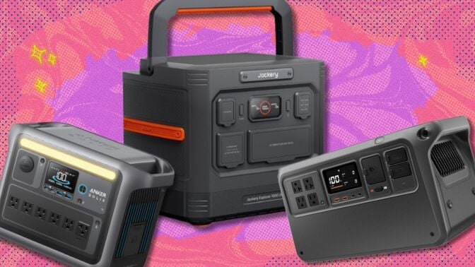 a jackery, DJI, and Anker Solix portable power station on a purple and coral background
