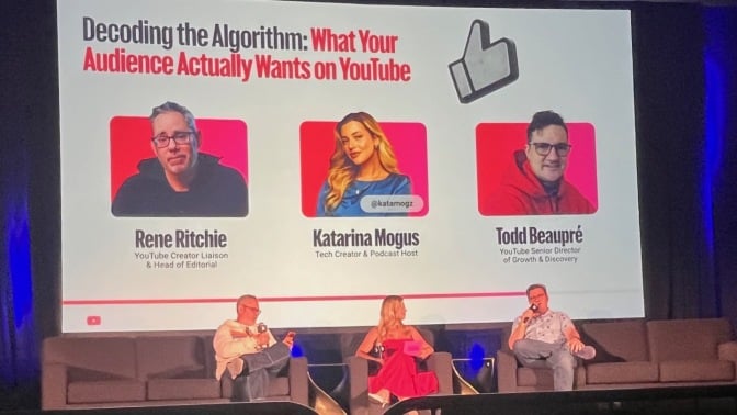 Todd Beaupré, Rene Ritchie, and Katarina Mogus at VidCon 2026's panel "Decoding the Algorithm: What Your Audience Actually Wants on YouTube." 