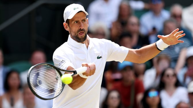 Novak Djokovic of Serbia plays a forehand
