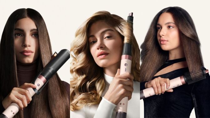 person styling hair with straightener attachment, person styling hair with curling attachment, and person styling hair with round brush attachment