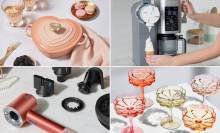 Collage featuring Le Creuset heart-shaped cocette on table, person making ice cream cone with Ninja Swirl, Dyson Supersonic Nural hair dryer laying beside attachments, colorful martini glasses on table