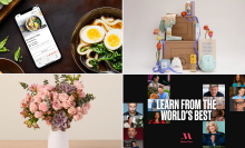 Udon and smartphone with NYT recipe on screen, FabFitFun box and products, bouquet of roses and succulents, and MasterClass courses with words "learn from the world's best"