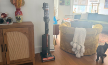 Shark PowerDetect Speed cordless vacuum on self-empty dock near credenza, armchair, and cat