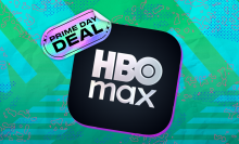 HBO Max app logo with Prime Day deal sticker on top and teal abstract background