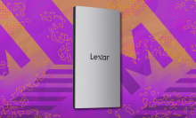 Lexar ES3 1TB External SSD on pink and gold abstract background