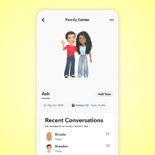 A phone screen displays the Family Center home screen on the Snap app.