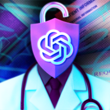 An illustration of a doctor whose head has been replaced by a giant lock depicted with the OpenAI logo.
