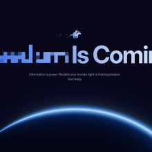 A screenshot of the freedom.gov homepage, which says "Freedom is Coming. Information is power. Reclaim your human right to free expression. Get ready."