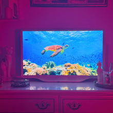 Hisense Déco TV sitting on dresser while playing an episode of "Our Planet"