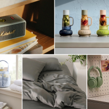 Marshall Bluetooth speaker / Ninja portable blender in multiple colors / matching laundry hamper and shower caddy set / bed with bamboo sheets / Shark air purifier by bulletin board