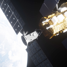 An artist interpreting the rendezvous of LINK with Swift in Earth orbit