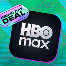 HBO Max app logo with Prime Day deal sticker on top and teal abstract background