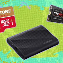 A micro SD card, portable SSD, and internal hard drive against a colorful background.